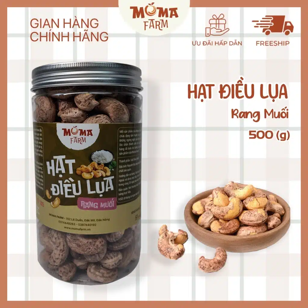 Hạt điều rang muối hũ pet 500g, hạt dinh dưỡng chất lượng Nông Sản Moma Farm
